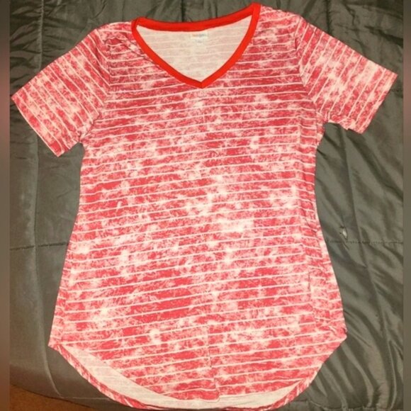 LuLaRoe Irma Red white Striped Tunic Shirt High Low Short Sleeve Pull-Over Top L - Picture 6 of 8